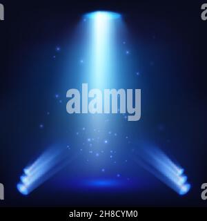 Shining spotlights with sparkles and blue empty scene. Elegant promotion design template. Studio or stage background. Vector illustration Stock Vector
