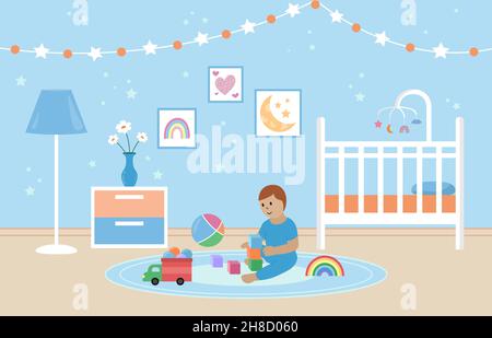 Baby playing with toys in bedroom. Nursery room interior. White crib with carousel for child. Decorations on wall and toys on floor. Vector flat illus Stock Vector