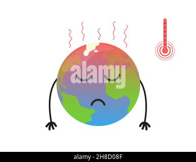 Global warming concept. Hot cartoon Earth planet is sad with hands down. Environmental protection poster. Vector isolated illustration. Stock Vector