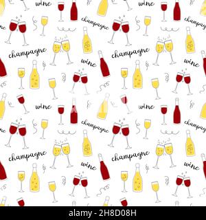 Wine alcohol seamless pattern. White vector background with glasses and bottles of champagne and red wine isolated. Outline doodle design. Stock Vector