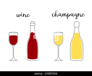 Glasses and bottles of champagne and red wine isolated. Outline doodle design. Vector illustration. Stock Vector
