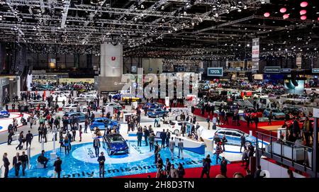 Visitors and cars at the 85th Geneva International Motor Show. Switzerland - March 3, 2015 Stock Photo