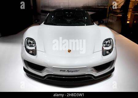 Porsche 918 Spyder plug-in hybrid sports car showcased at the 85th Geneva International Motor Show. March 3, 2015 Stock Photo