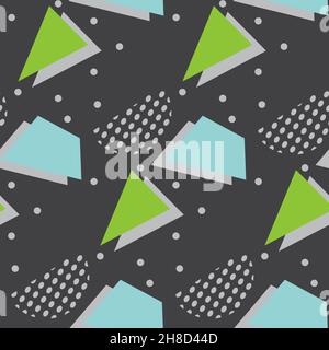 Seamless pattern in minimalistic geometric style. Green, blue and black colors. Memphis style retro print. Abstract doodle background. Endless design Stock Vector