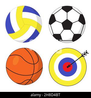 Set of sport equipment. Volleyball, football or soccer and basketball balls. Target for darts with arrow in the center of it. Reaching a goal and Stock Vector