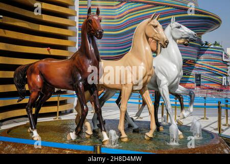 A fountain sculpture featuring Akhal-Teke horses outside the Turkmenistan Pavilion at Expo 2020, Dubai Stock Photo