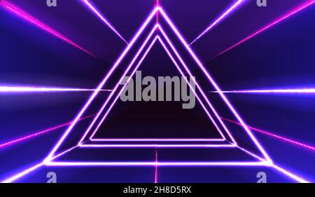 Neon abstract triangle. Glowing frame. Vintage electric symbol. Burning a pointer to a black wall in a club, bar or cafe. Design element for your ad, Stock Vector