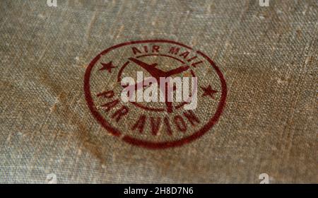 Air Mail stamp printed on linen sack. Retro par avion post letter delivery and airmail express postmark concept. Stock Photo