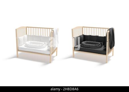 Blank wood cot with black, white crib and nest mockup Stock Photo