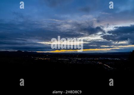 View from Florian on Metzingen into the setting sun Stock Photo