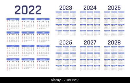 2022-2028 Calendar. 2022 calendar. 2023 calendar. 2024 calendar. 2025 calendar. 2026 calendar. 2027 calendar. 2028 calendar. 2022-2028 almanac. Stock Vector
