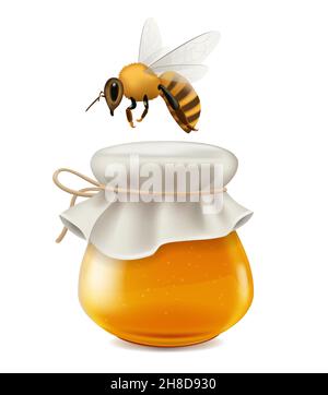Big honey jar with bee on white background, realistic vector illustration close-up Stock Vector