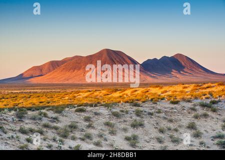 Mount Riley and Cox Peak cinder cones, East Potrillo Mountains, sunrise, view over Kilbourne Hole, Organ Mountains Desert Peaks National Monument, NM Stock Photo