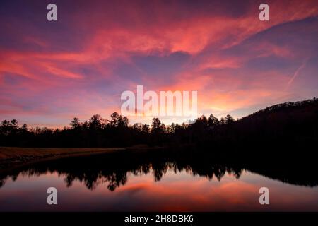 Straus Lake reflections at sunset - Brevard, North Carolina, USA Stock Photo