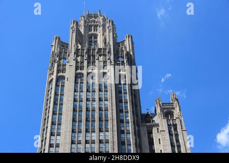 CHICAGO, USA - JUNE 27, 2013: Tribune Tower neo-gothic skyscraper in Chicago. It is 462 ft (141 m) tall and is part of Michigan-Wacker Historic Distri Stock Photo