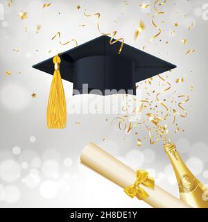 congratulatory banner about getting an education with a bottle of champagne and gold confetti on a silver background Stock Vector