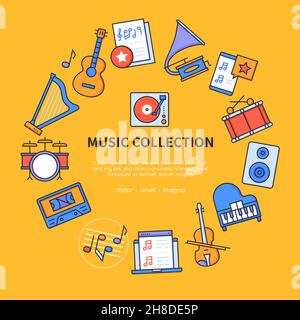 Music collection - vector flat design style banner with copy space for text. Orchestral instruments collected in a circle. Strings, keyboards, percuss Stock Vector