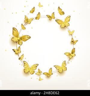 flock of golden butterflies flying in a circle on a light background Stock Vector