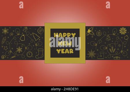 on a black rectangle, golden Christmas patterns on a red background in the style of Santa Claus Stock Vector