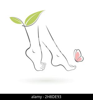 female feet icon with green leaves and butterfly on white background Stock Vector