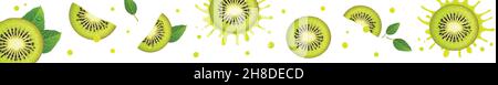 horizontal banner with juicy kiwi slices on white background Stock Vector