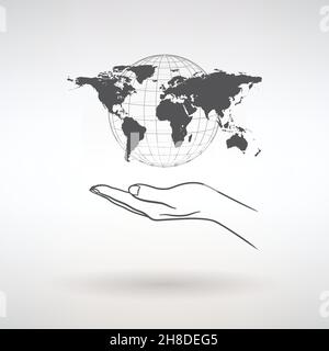open palm with world map on light background Stock Vector