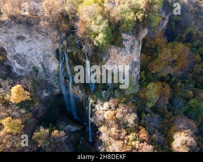 Aerial Autumn view of Polska Skakavitsa waterfall at Zemen Mountain, Kyustendil Region, Bulgaria Stock Photo