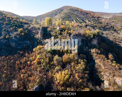 Aerial Autumn view of Polska Skakavitsa waterfall at Zemen Mountain, Kyustendil Region, Bulgaria Stock Photo