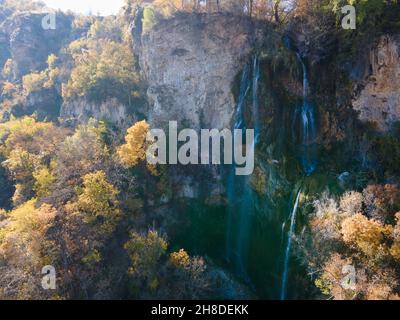 Aerial Autumn view of Polska Skakavitsa waterfall at Zemen Mountain, Kyustendil Region, Bulgaria Stock Photo