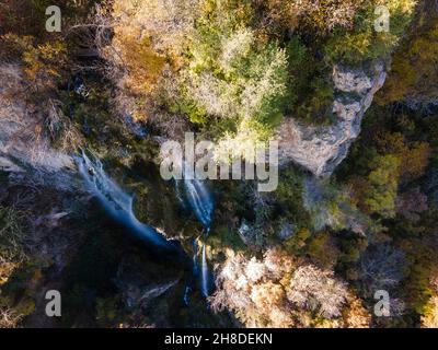 Aerial Autumn view of Polska Skakavitsa waterfall at Zemen Mountain, Kyustendil Region, Bulgaria Stock Photo