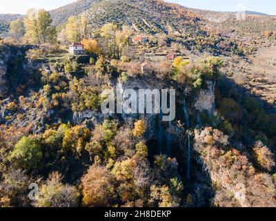 Aerial Autumn view of Polska Skakavitsa waterfall at Zemen Mountain, Kyustendil Region, Bulgaria Stock Photo