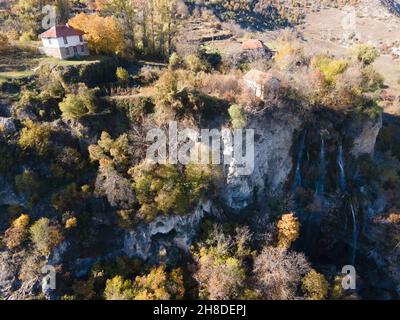 Aerial Autumn view of Polska Skakavitsa waterfall at Zemen Mountain, Kyustendil Region, Bulgaria Stock Photo