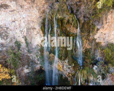 Aerial Autumn view of Polska Skakavitsa waterfall at Zemen Mountain, Kyustendil Region, Bulgaria Stock Photo