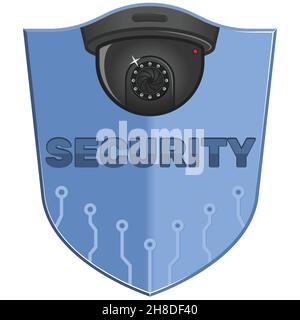 Logo with shield and camera for visual security, security camera inside a shield Stock Vector