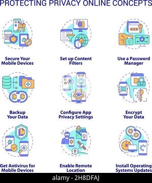Protecting privacy online concept icons set Stock Vector