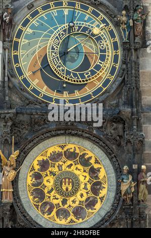 The Zodiacal ring and Calendar of Prague's historic Astronomical Clock on the Old Town Hall in Prague Stock Photo
