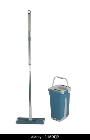 cleaning mop and blue bucket isolated on white background Stock Photo