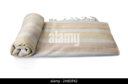 Roll of hand woven shawl, Thai cotton wood bark dyed isolated on white background Stock Photo