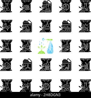 Fertilizers type black glyph icons set on white space Stock Vector