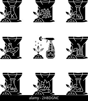 Granular fertilizers black glyph icons set on white space Stock Vector