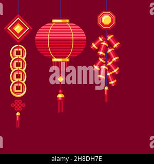 Happy Chinese New Year greeting card. Background with talismans and holiday decorations. Asian tradition symbols. Stock Vector