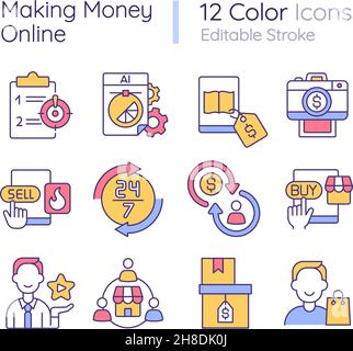 Making money online RGB color icons set Stock Vector