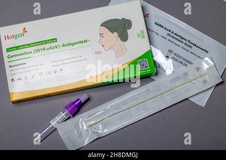 Neckargemuend, Germany - October 4, 2021. Packaging and contents of a rapid antigen test by Hotgen for self-testing. Fast test for SARS-CoV-2 virus. Stock Photo