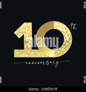 10th anniversary numbers. 10 years old logotype concept. Isolated abstract graphic design template. Luxury shiny 1 and 0 digits. Golden pixel bg with Stock Vector