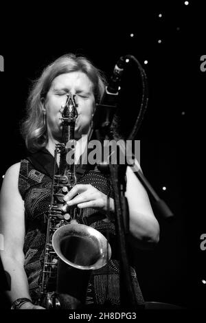 Karen Sharp plays tenor sax with Karen Sharp Quartet, Scarborough Jazz Festival 2021, UK Stock Photo