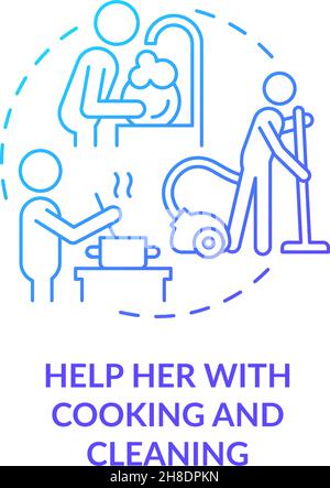Help her with cooking and cleaning blue gradient concept icon Stock Vector