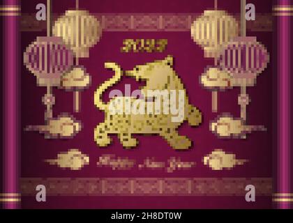 2022 Happy Chinese new year of tiger golden purple relief lantern cloud and lattice frame on vintage reel Stock Vector