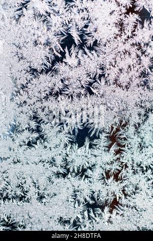 Texture pattern of snowflakes of crystals of snow on glass. Selective Focus. Winter textures, backgrounds patterns. Vertical orientation of the frame. Stock Photo
