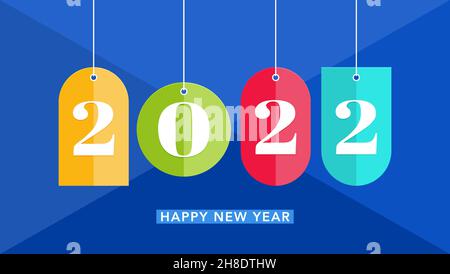 Colored tags on a blue background and number 2022. Festive banner Happy New Year Stock Vector