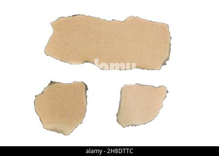 Collection burnt brown sheet of cardboards isolated on a white background. Vintage charred paper. Banner. Copy space Stock Photo